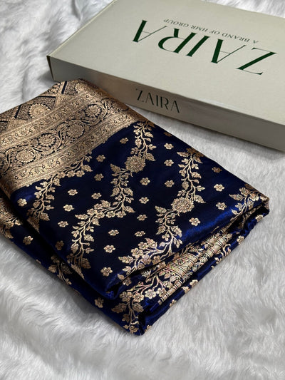 Satin Silk Saree Cross with Booti in Dark Royal Blue Shades SS24
