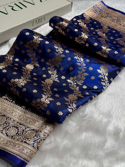 Satin Silk Saree Cross with Booti in Navy Blue Shades SS24
