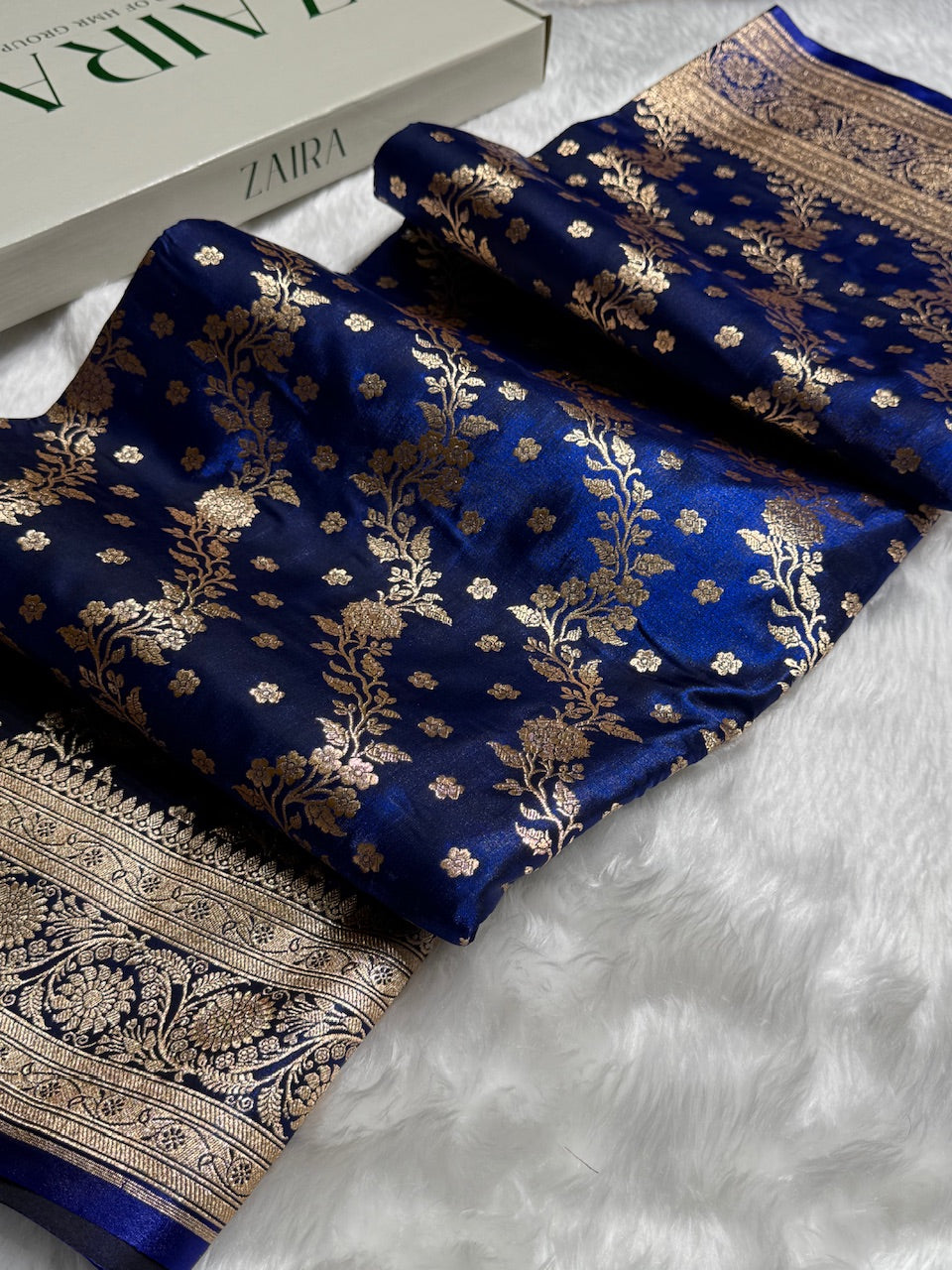 Satin Silk Saree Cross with Booti in Navy Blue Shades SS24