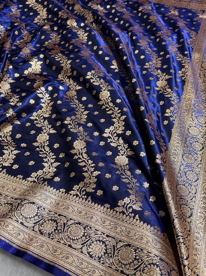 Satin Silk Saree Cross with Booti in Navy Blue Shades SS24
