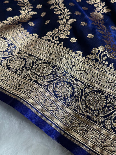 Satin Silk Saree Cross with Booti in Dark Royal Blue Shades SS24