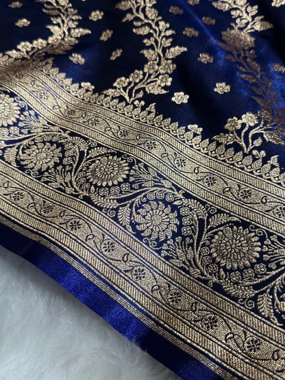 Satin Silk Saree Cross with Booti in Navy Blue Shades SS24