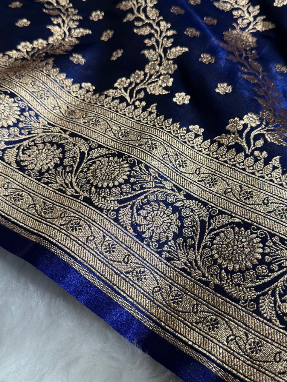 Satin Silk Saree Cross with Booti in Navy Blue Shades SS24