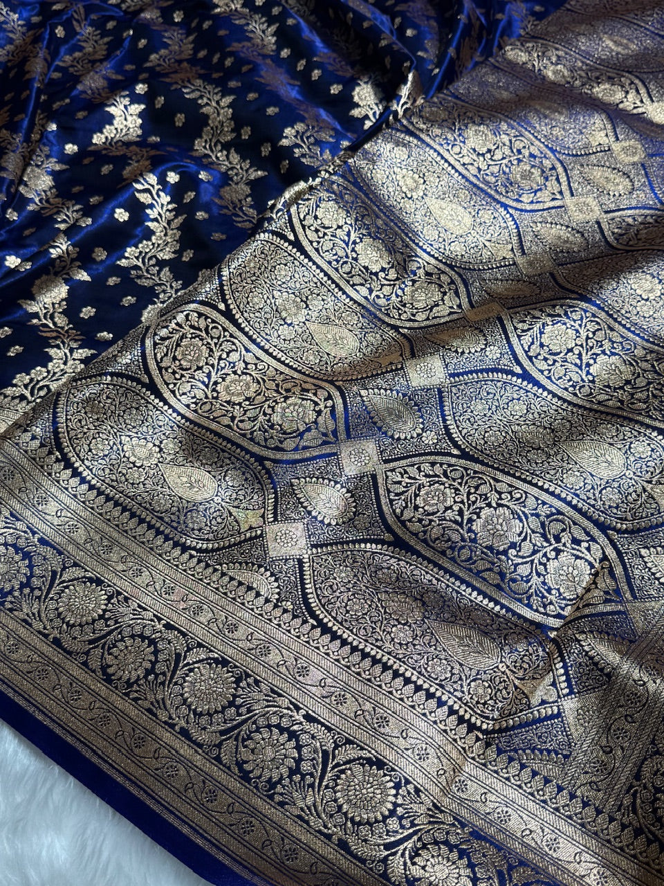 Satin Silk Saree Cross with Booti in Navy Blue Shades SS24