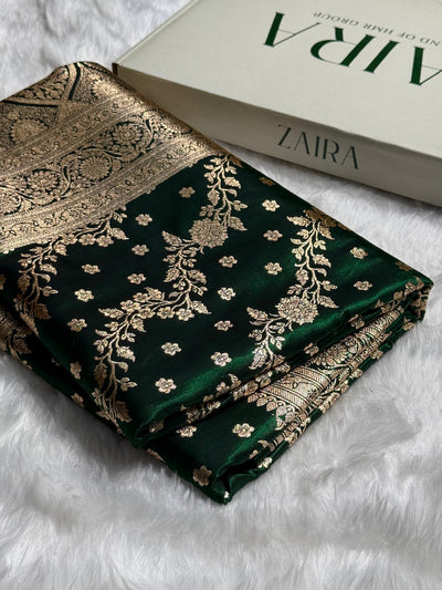 Satin Silk Saree Cross with Booti in Bottle Green Shades SS24