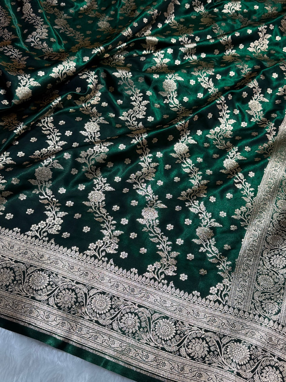 Satin Silk Saree Cross with Booti in Bottle Green Shades SS24