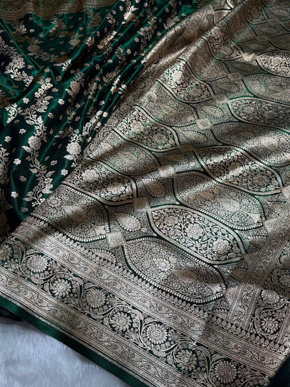 Satin Silk Saree Cross with Booti in Bottle Green Shades SS24