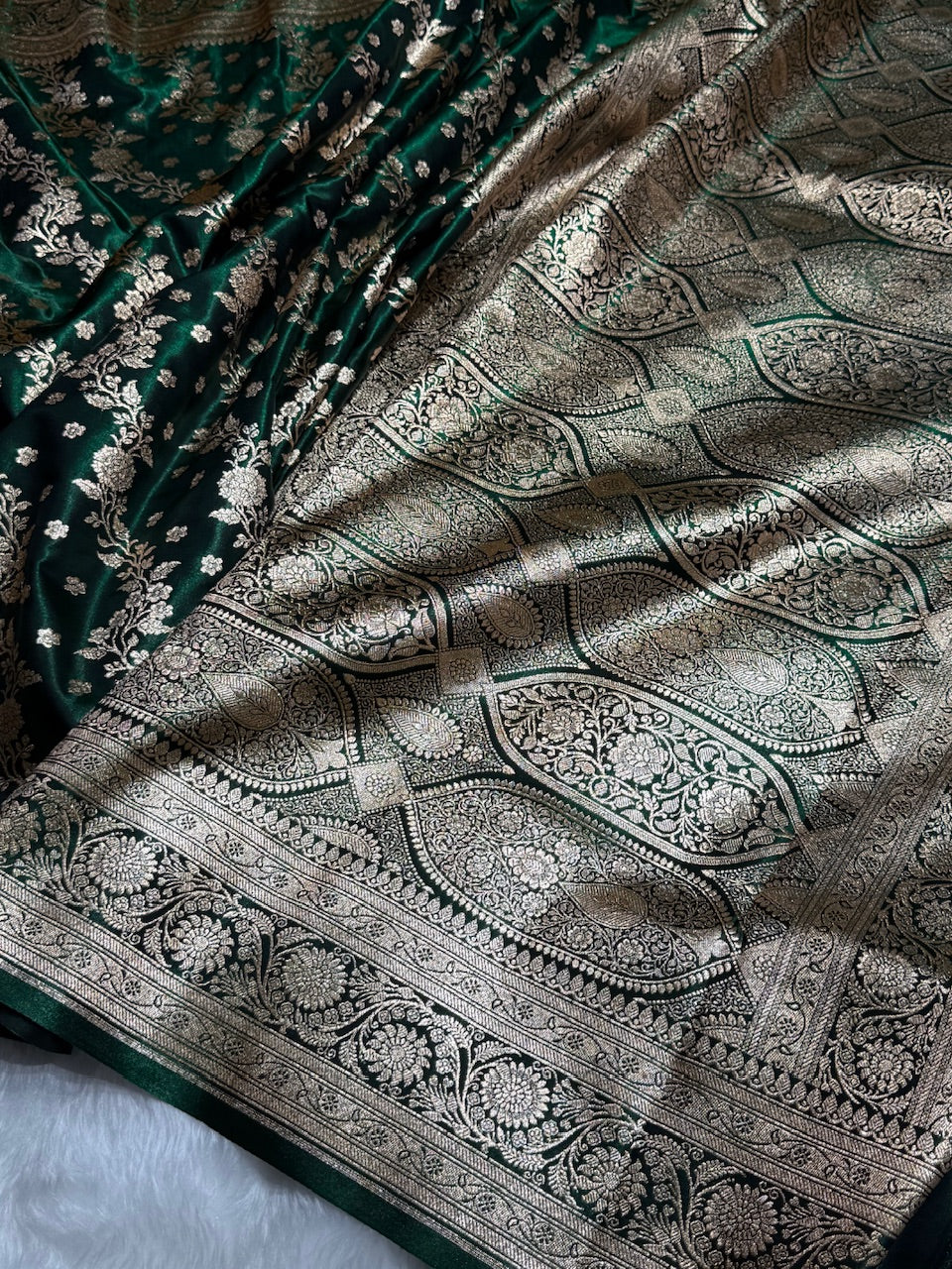 Satin Silk Saree Cross with Booti in Bottle Green Shades SS24