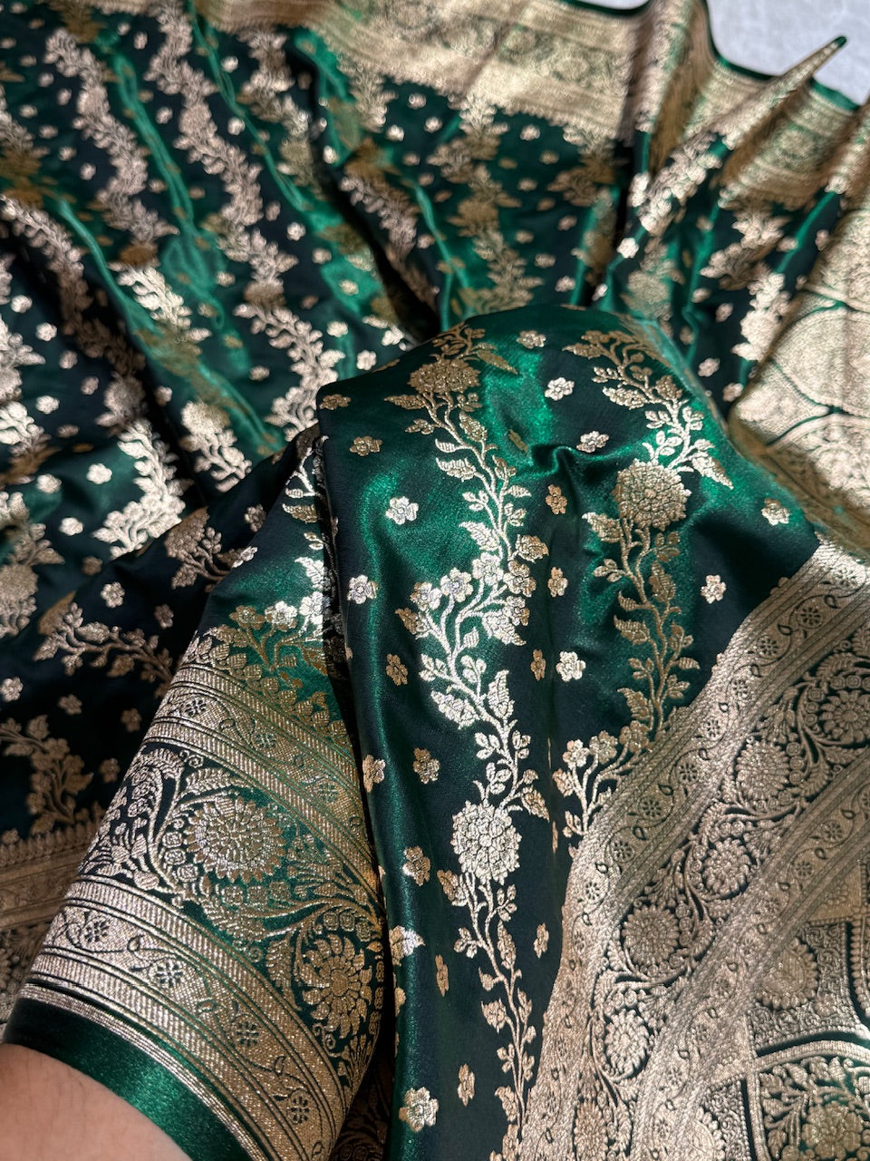 Satin Silk Saree Cross with Booti in Bottle Green Shades SS24