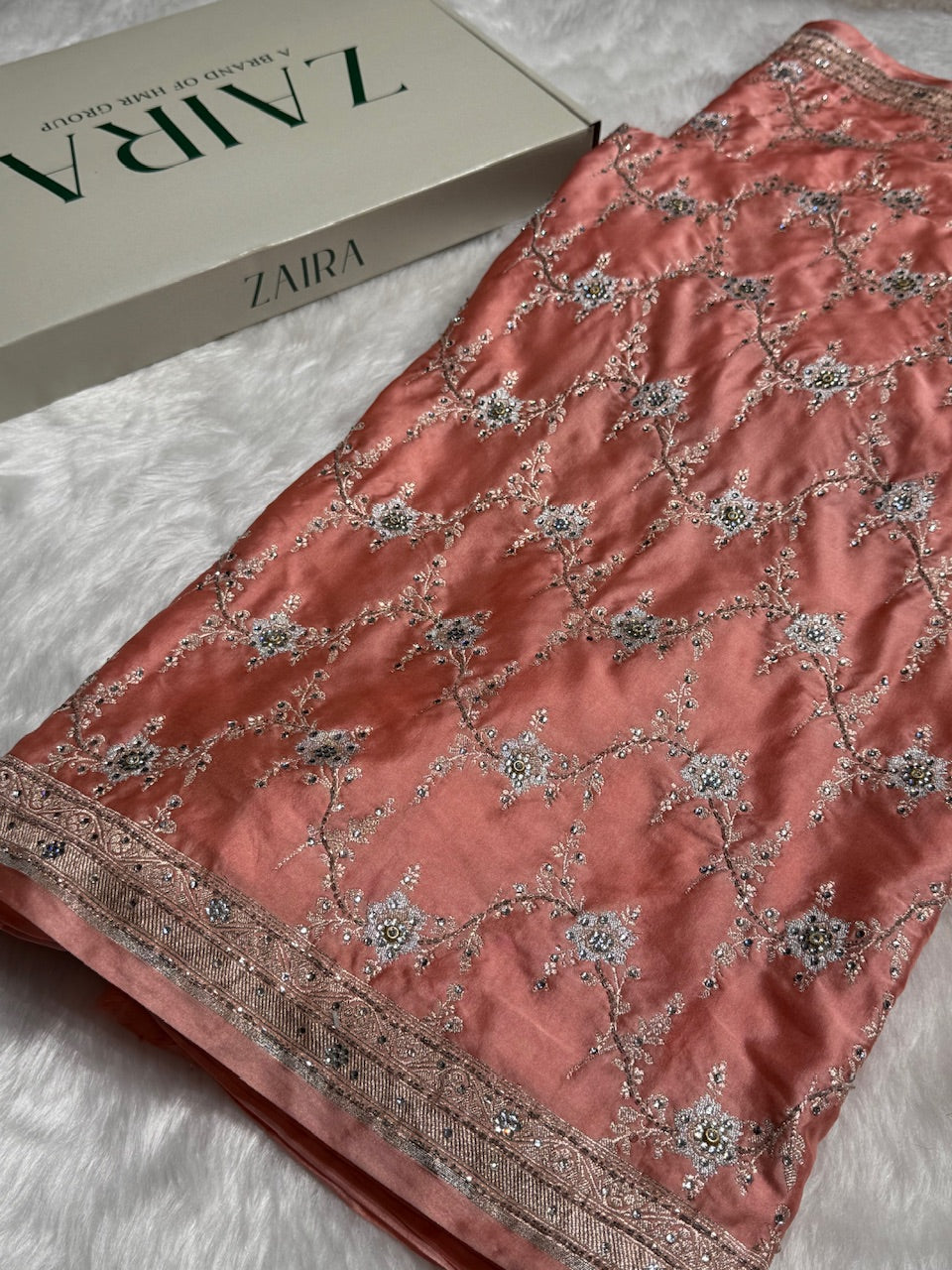 Peach Minakari Jaal Mashru Silk Saree with Ari and Stone Work