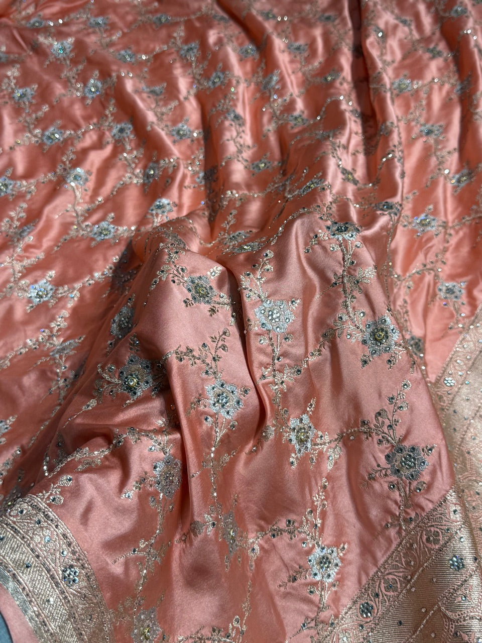 Peach Minakari Jaal Mashru Silk Saree with Ari and Stone Work