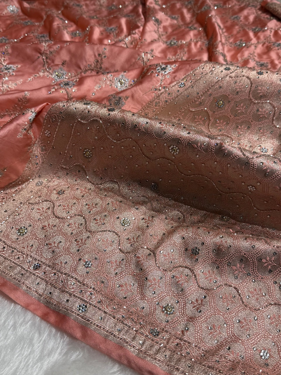 Peach Minakari Jaal Mashru Silk Saree with Ari and Stone Work