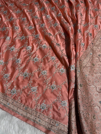 Peach Minakari Jaal Mashru Silk Saree with Ari and Stone Work