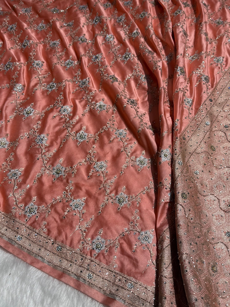 Peach Minakari Jaal Mashru Silk Saree with Ari and Stone Work