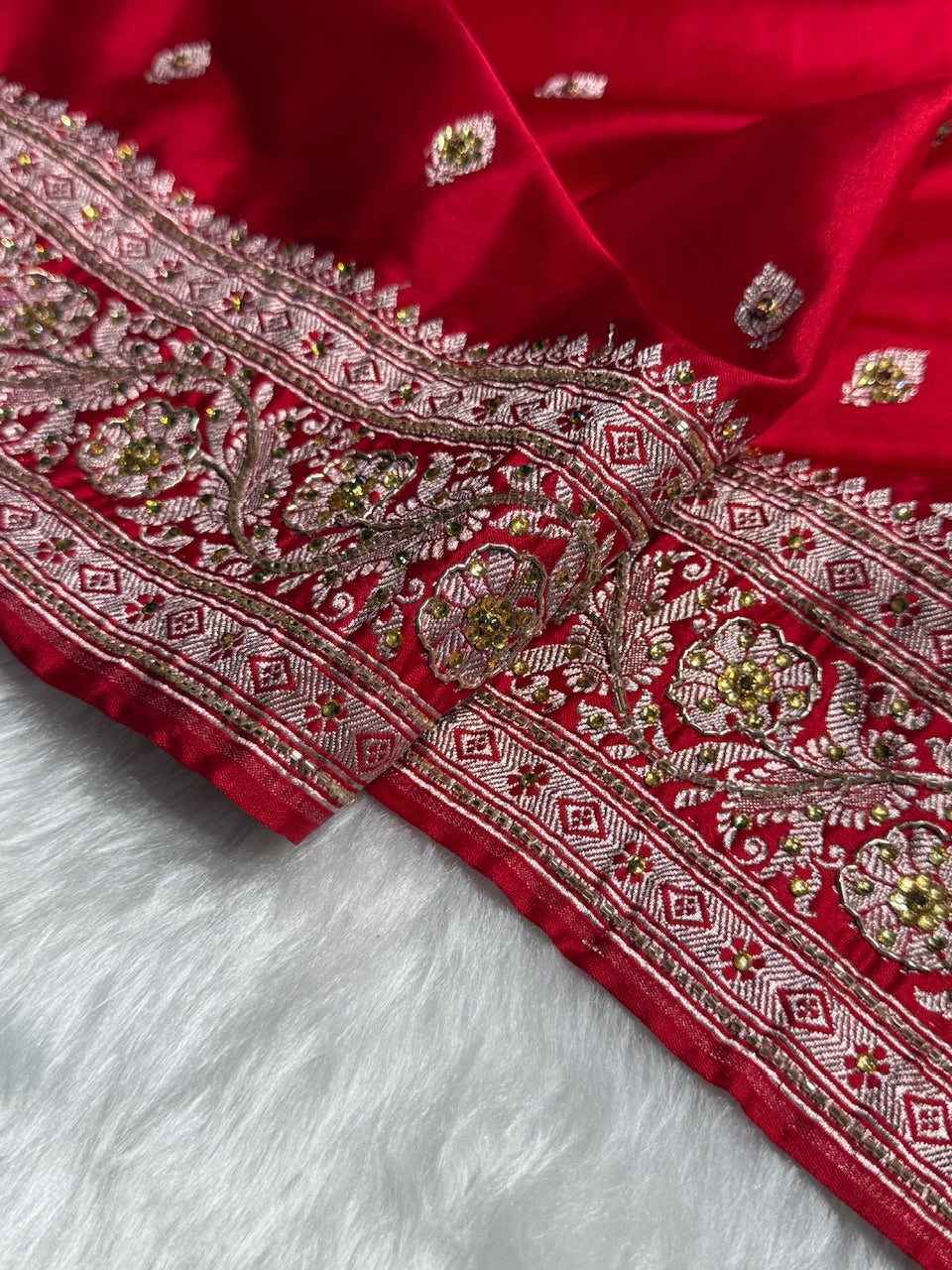 Bridal Red Booti Mashru Silk Saree with Ari and Stone Work