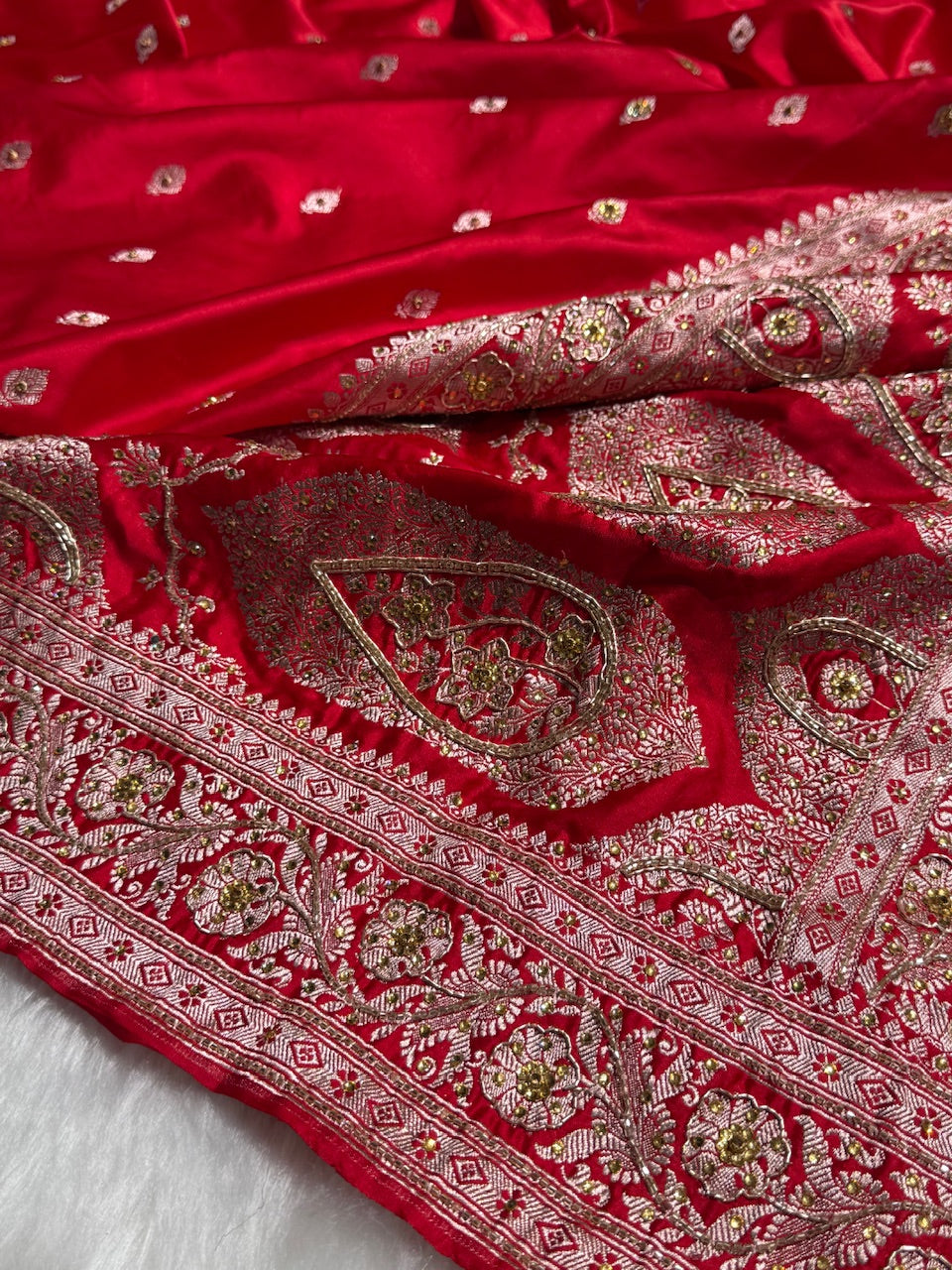 Bridal Red Booti Mashru Silk Saree with Ari and Stone Work