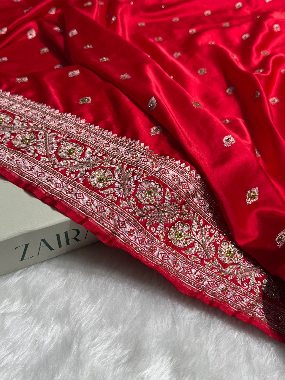 Bridal Red Booti Mashru Silk Saree with Ari and Stone Work