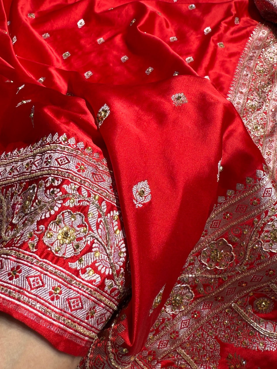 Bridal Red Booti Mashru Silk Saree with Ari and Stone Work