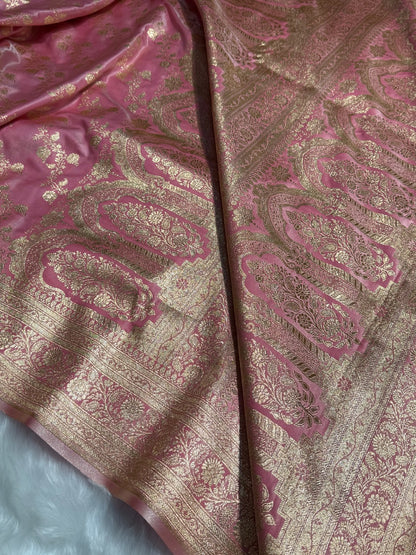 Banarasi Baby Pink Cross Jaal Satin Silk Saree SS11