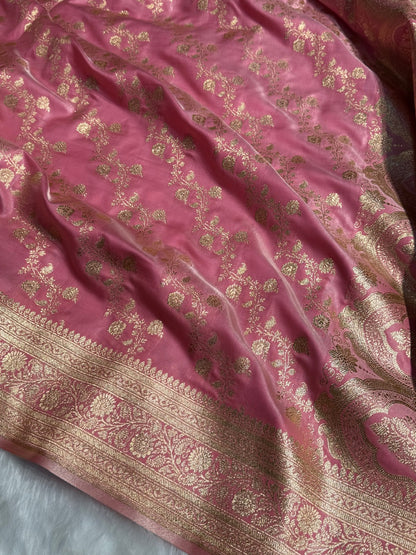 Banarasi Baby Pink Cross Jaal Satin Silk Saree SS11