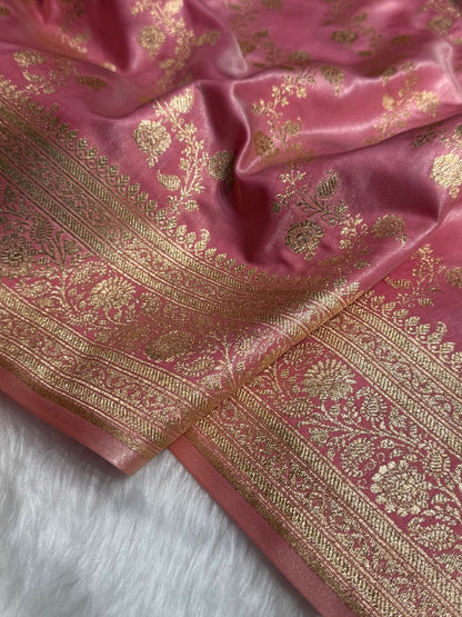 Banarasi Baby Pink Cross Jaal Satin Silk Saree SS11