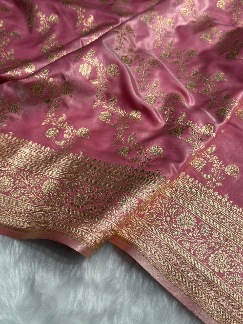 Banarasi Baby Pink Cross Jaal Satin Silk Saree SS11