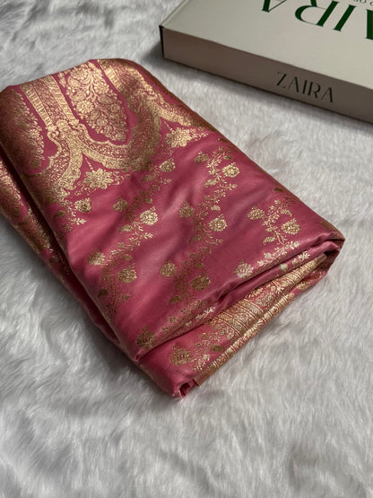 Banarasi Baby Pink Cross Jaal Satin Silk Saree SS11