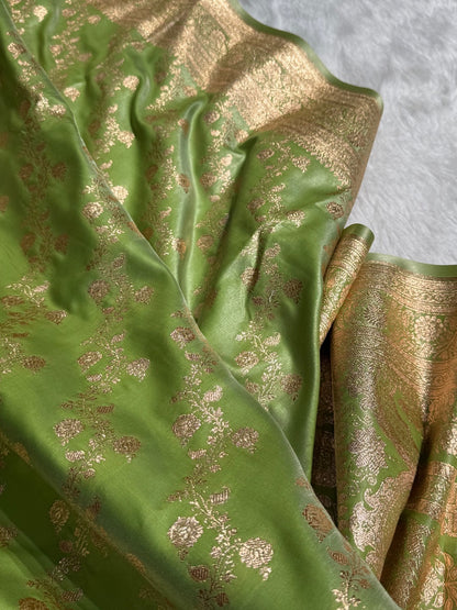 Banarasi Light Pista Cross Jaal Satin Silk Saree SS11
