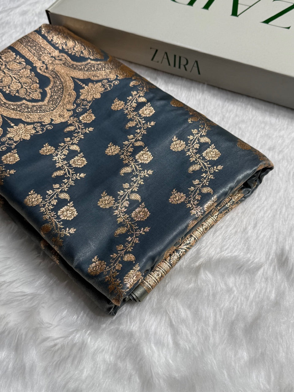 Banarasi Grey Cross Jaal Satin Silk Saree SS11