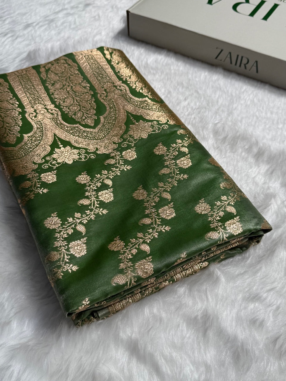 Banarasi Light Mehandi Cross Jaal Satin Silk Saree SS11