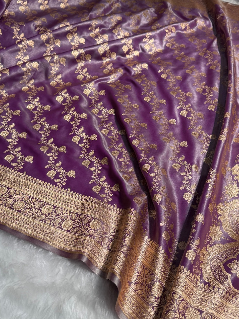 Banarasi Lavender Cross Jaal Satin Silk Saree SS11