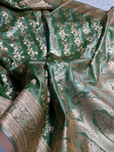 Banarasi Light Mehandi Cross Jaal Satin Silk Saree SS11