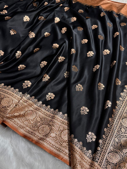 Black - Peach Banarasi Boota Katan Silk Saree