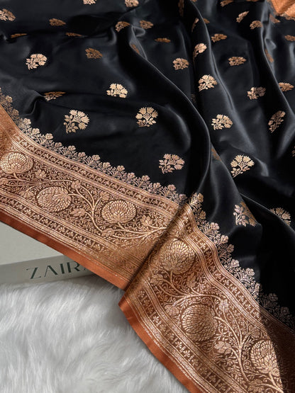 Black - Peach Banarasi Boota Katan Silk Saree