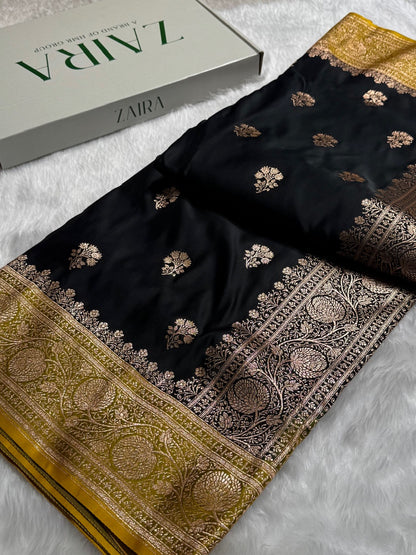 Black - Lemon Mustard Banarasi Boota Katan Silk Saree