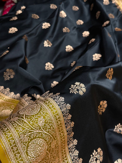 Black - Lemon Mustard Banarasi Boota Katan Silk Saree