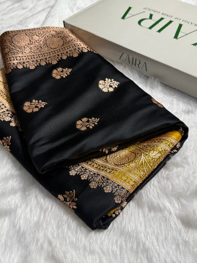 Black - Lemon Mustard Banarasi Boota Katan Silk Saree