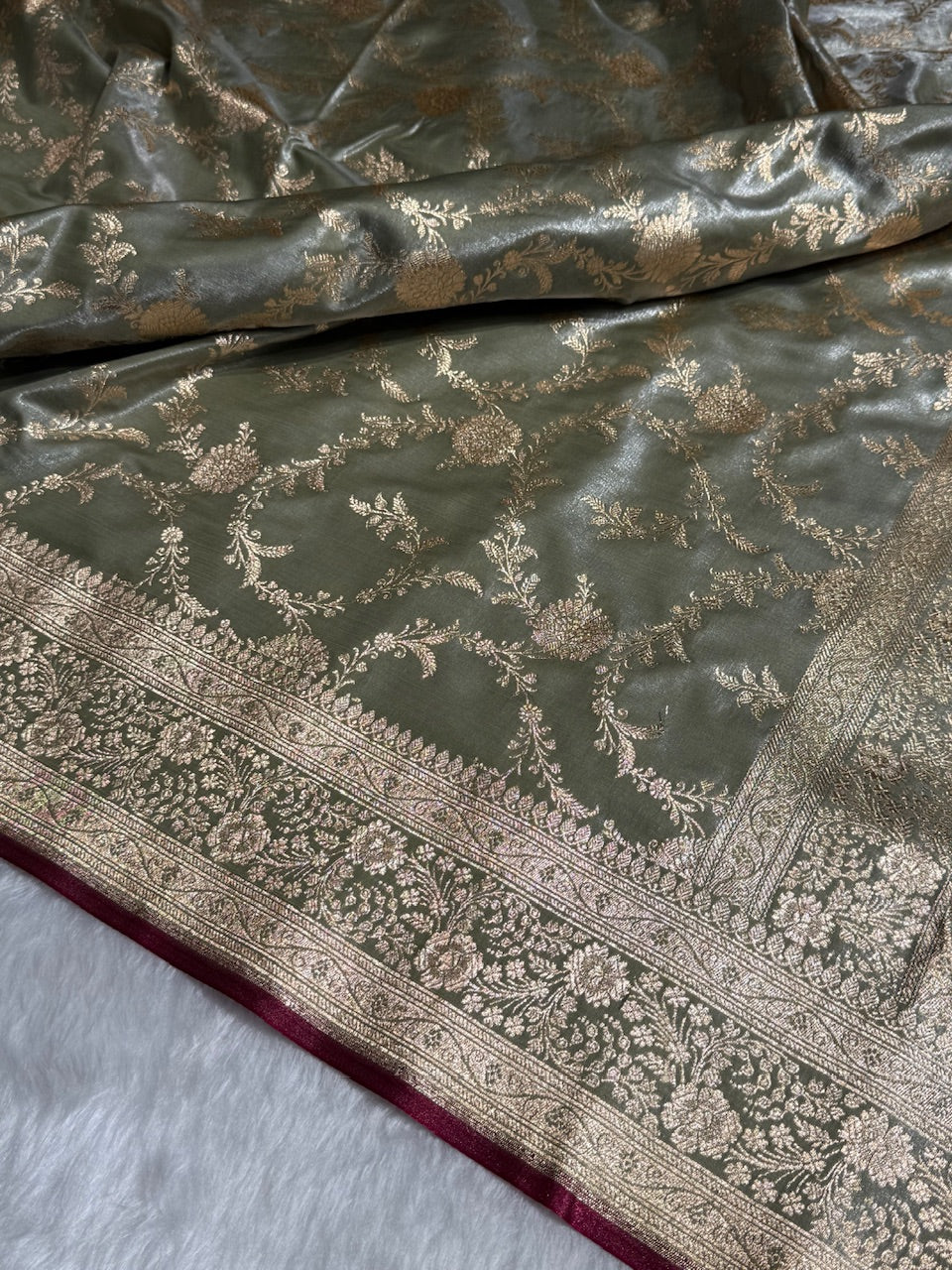 Satin Silk Jaal in Greyish Mehendi Shades SS14