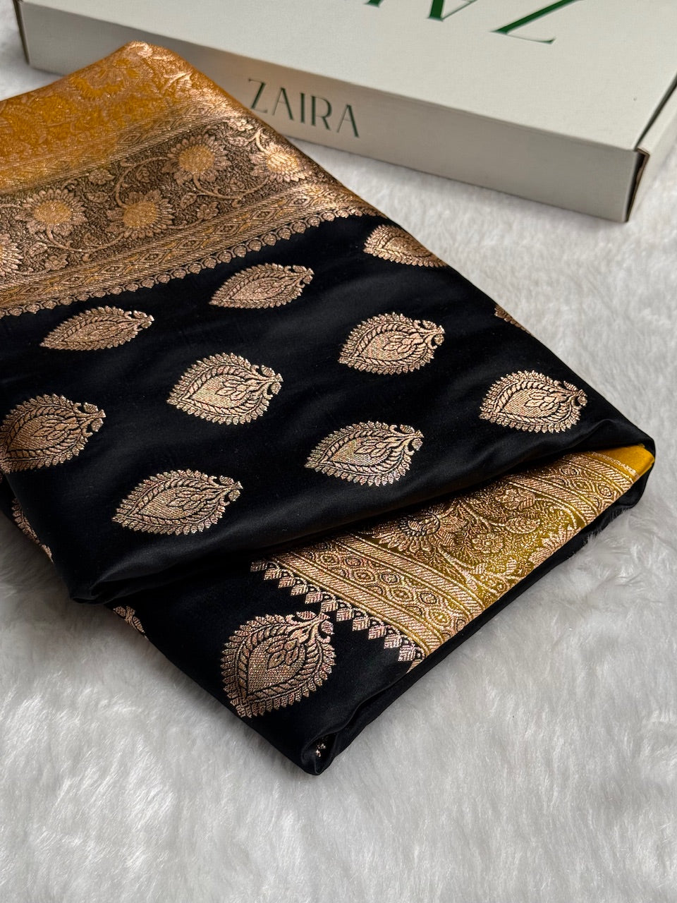 Black with Lemon Mustard Banarasi Boota Katan Silk Saree