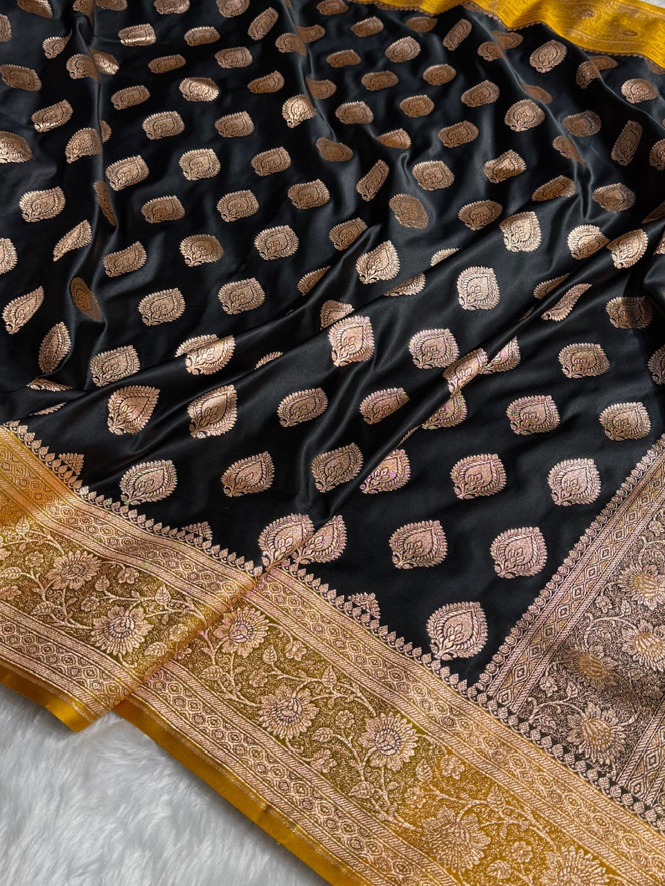 Black with Lemon Mustard Banarasi Boota Katan Silk Saree
