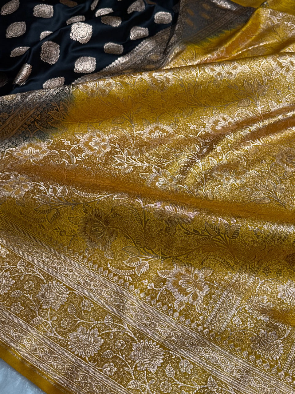 Black with Lemon Mustard Banarasi Boota Katan Silk Saree