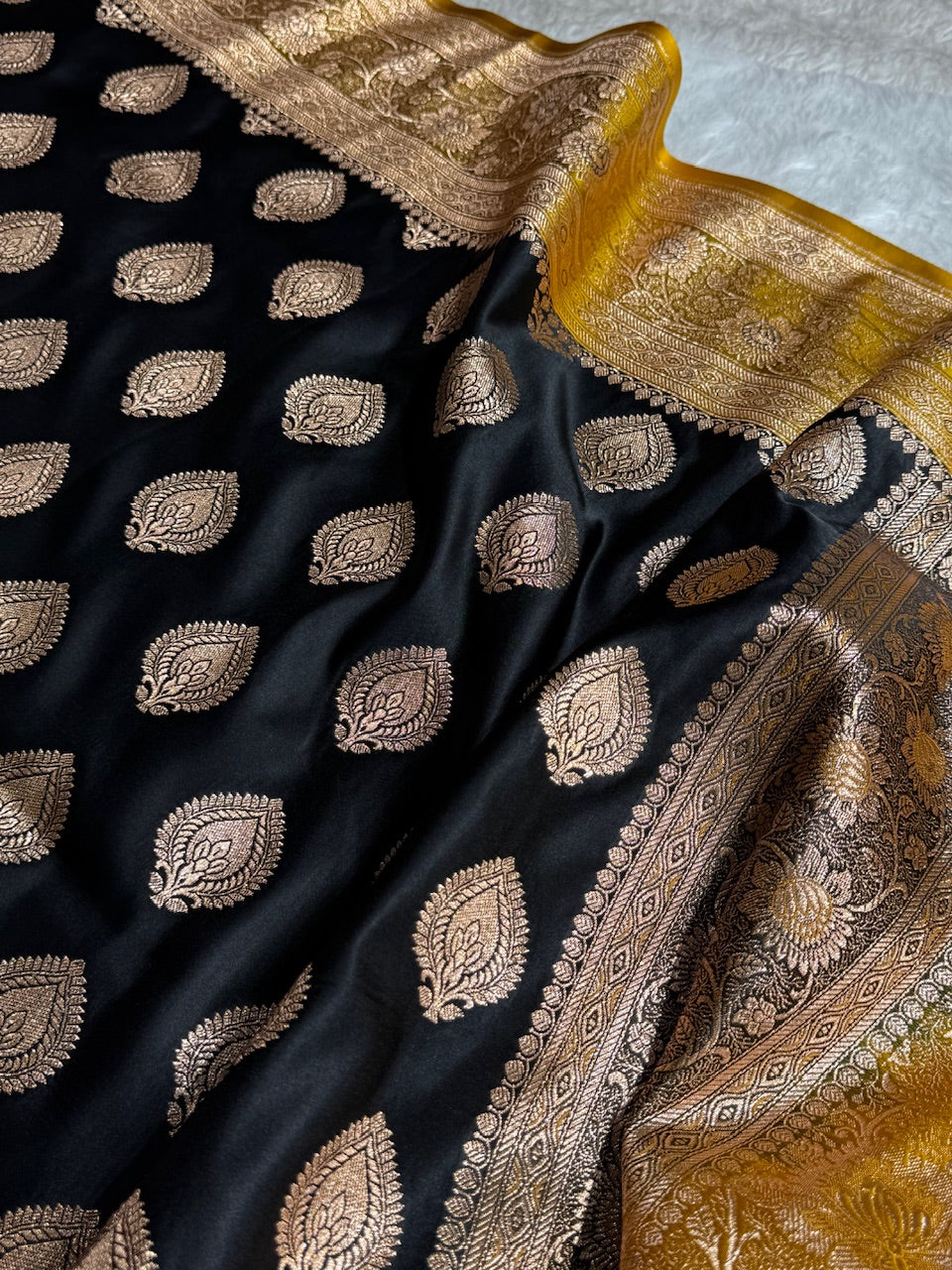 Black with Lemon Mustard Banarasi Boota Katan Silk Saree