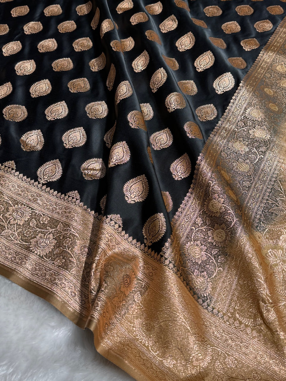 Black with Tusser Banarasi Boota Katan Silk Saree