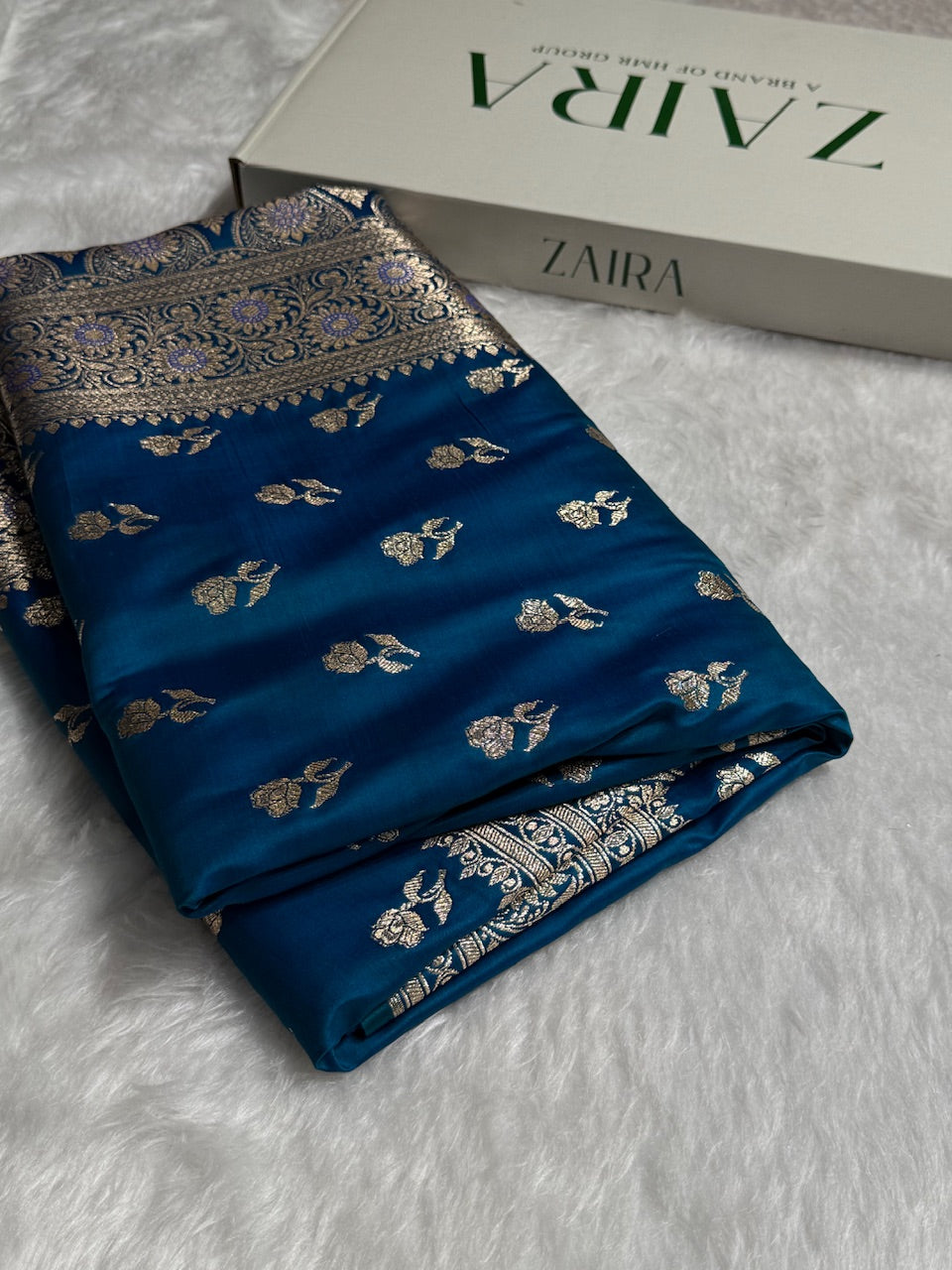 Navy Peacock Floral Booti Katan Silk Saree with strip blouse SK13