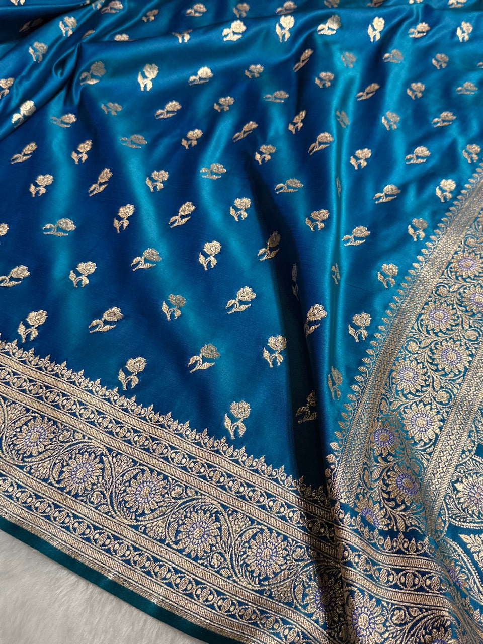 Navy Peacock Floral Booti Katan Silk Saree with strip blouse SK13
