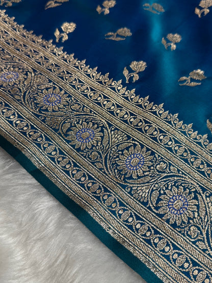 Navy Peacock Floral Booti Katan Silk Saree with strip blouse SK13