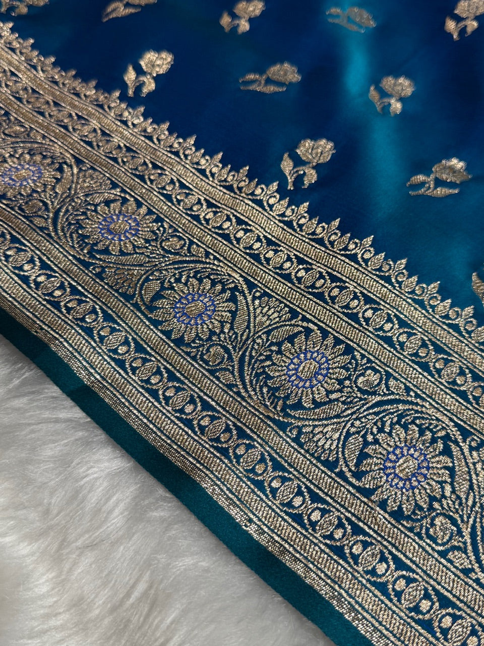 Navy Peacock Floral Booti Katan Silk Saree with strip blouse SK13