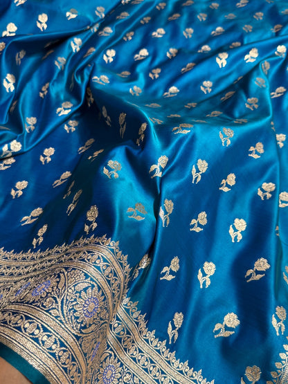 Navy Peacock Floral Booti Katan Silk Saree with strip blouse SK13
