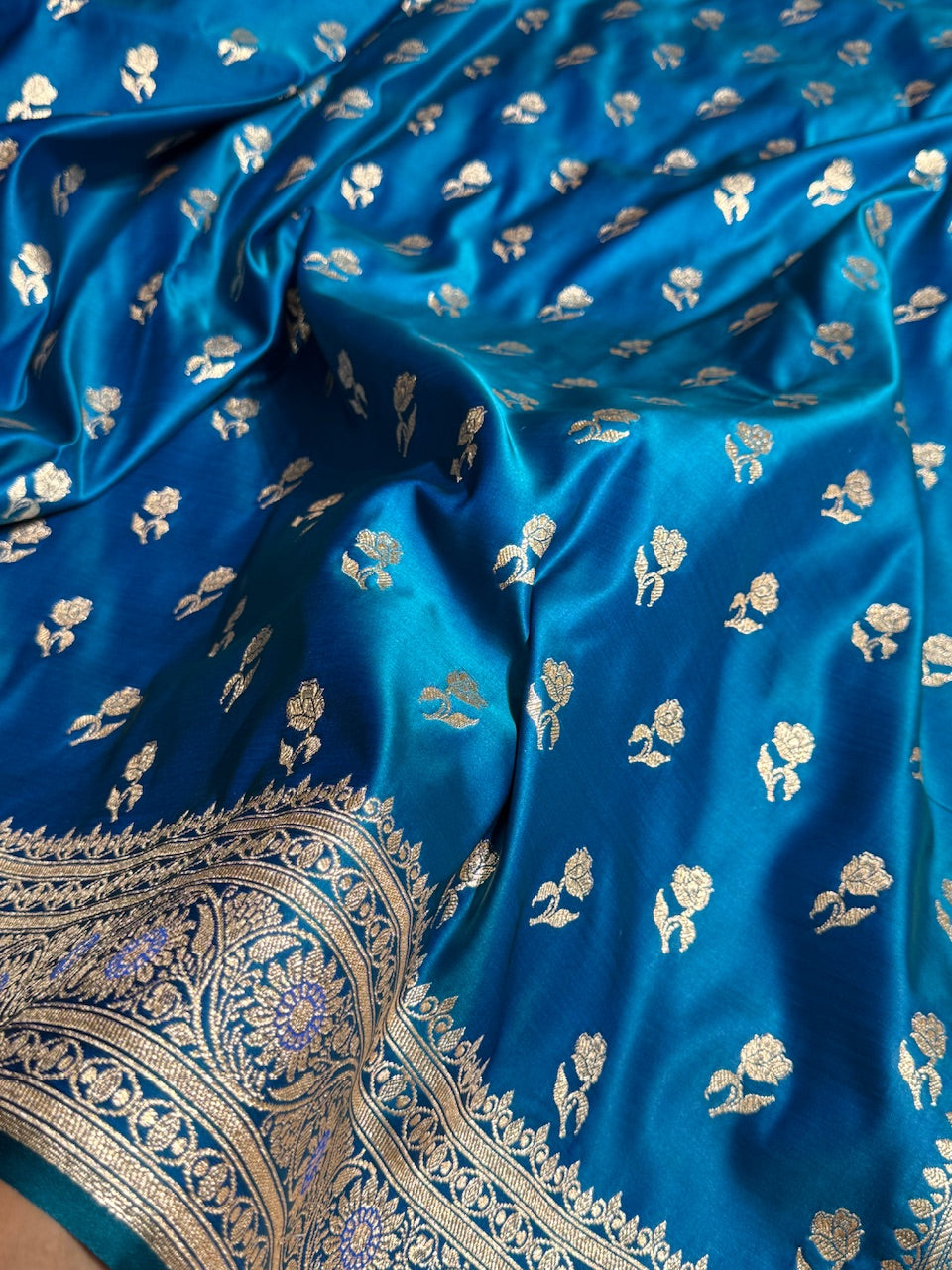 Navy Peacock Floral Booti Katan Silk Saree with strip blouse SK13