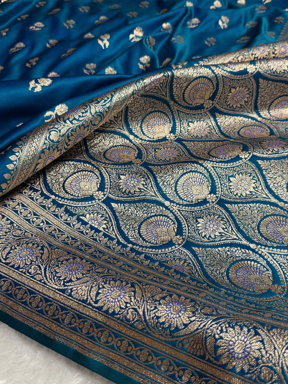 Navy Peacock Floral Booti Katan Silk Saree with strip blouse SK13